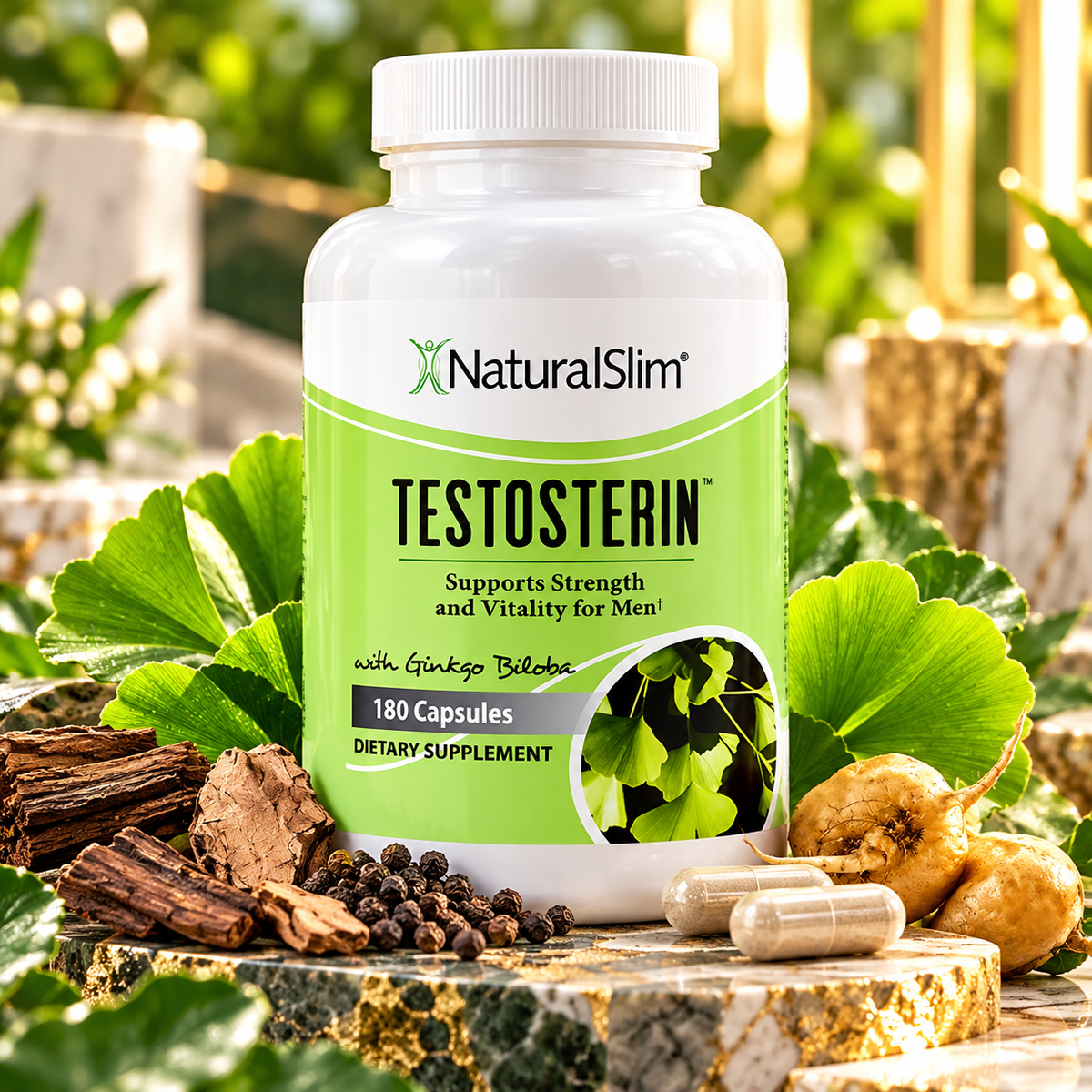 NaturalSlim Testosterin 180 Capsules – Men's Strength & Vitality Support Supplement with Ginkgo Biloba – 1 Pack