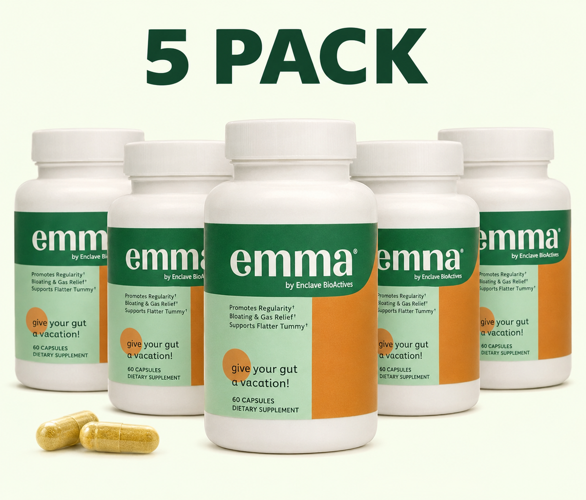 Emma Gut Health Supplement 5 Pack – Digestive Support, Regularity & Bloating Relief, 60 Capsules Each