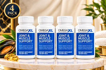 Omega XL Joint & Muscle Support Supplement – 4 Pack, Green-Lipped Mussel Oil Extract, 120 Softgels Per Bottle